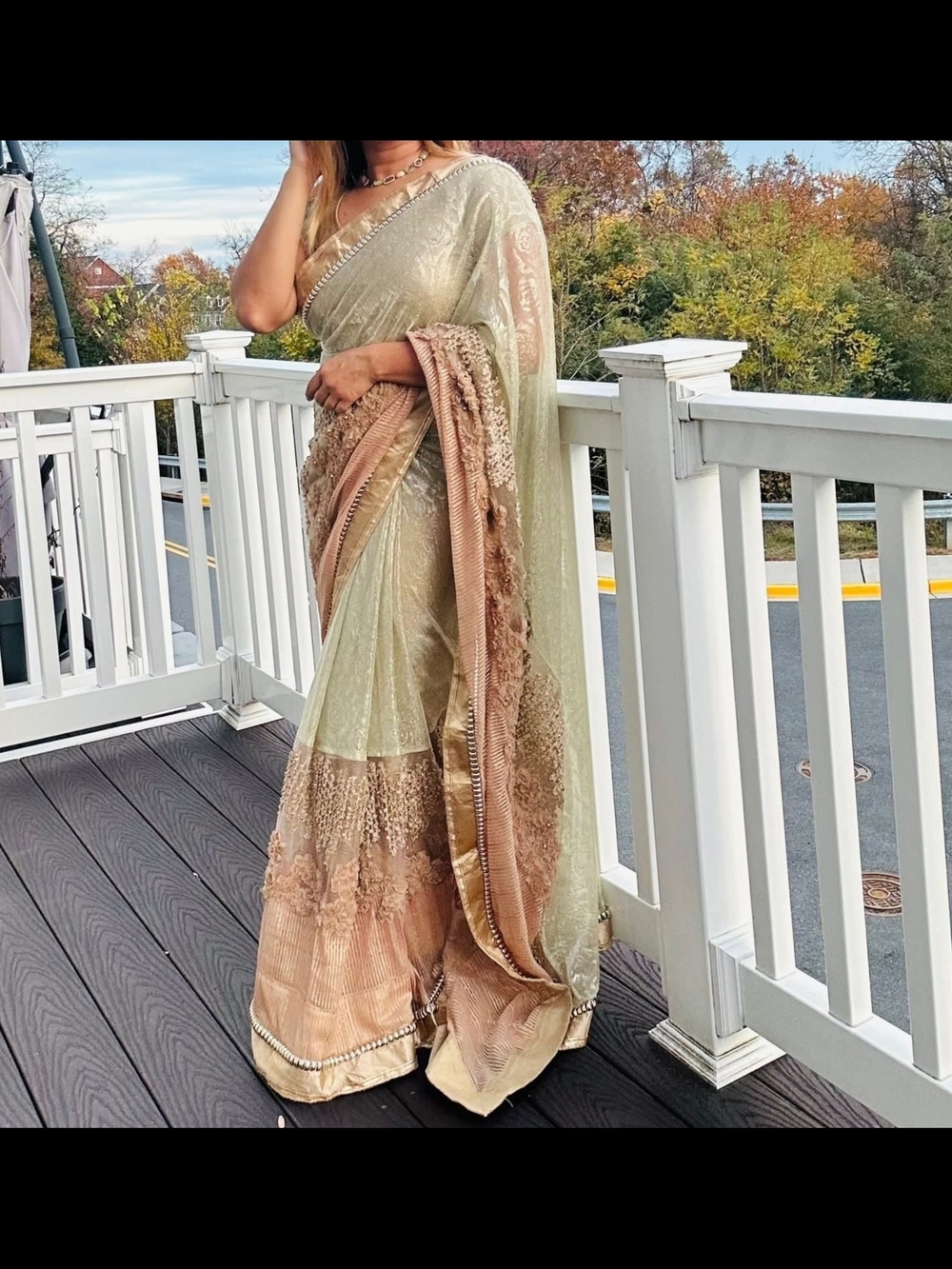 Embroidered Beige & Golden Saree